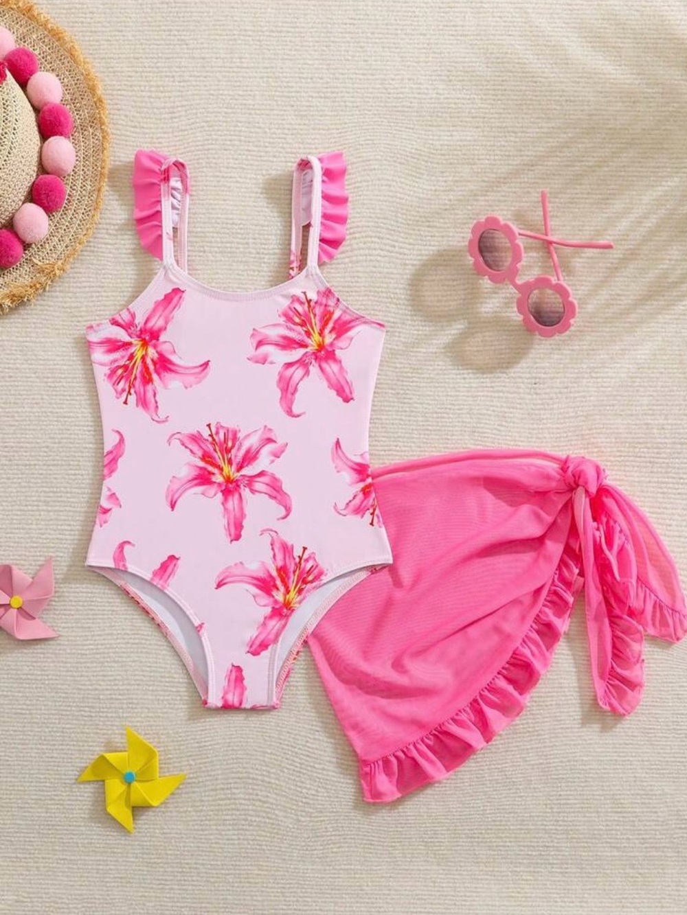Girls' Pink Floral Ruffle-Shoulder One-Piece Swimsuit with Pink Sarong